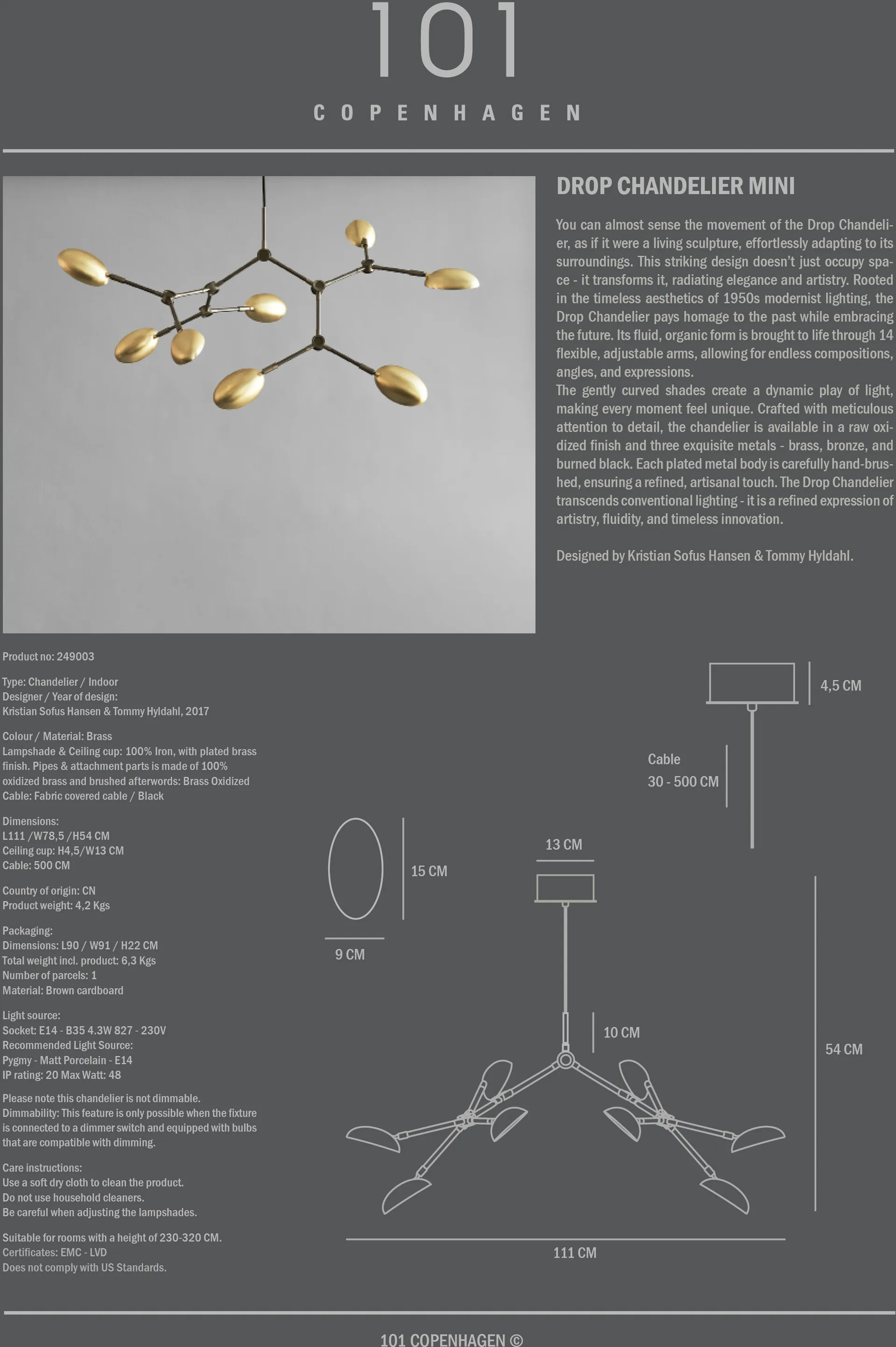Drop Chandelier lysekrone mini, Messing 101 Copenhagen