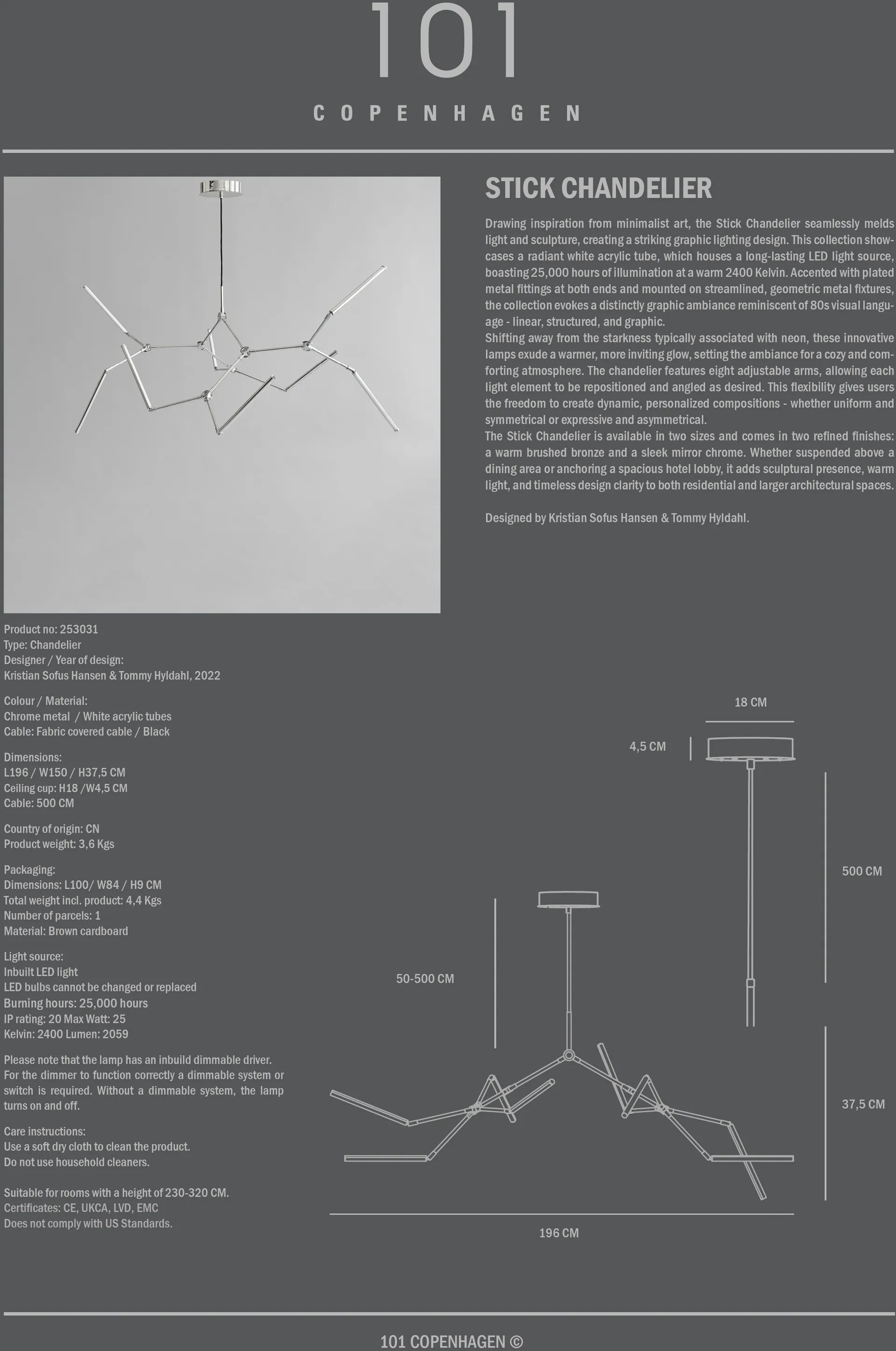 Stick chandelier takkrone, Chrome 101 Copenhagen