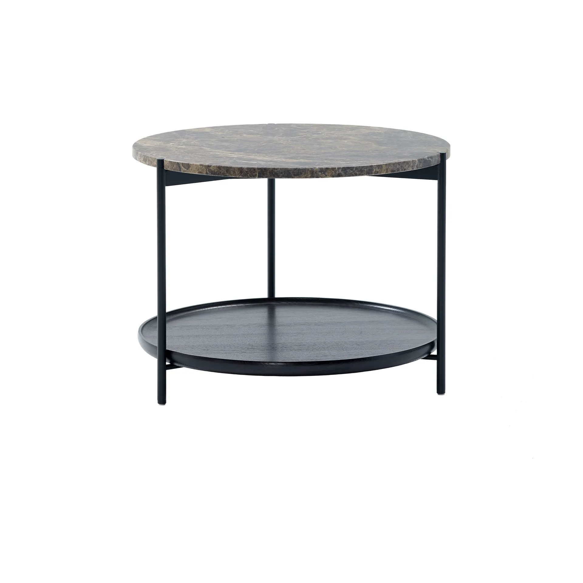 Plateau sofabord Ø60 cm, Marmor brun-svarte ben-H45 Adea