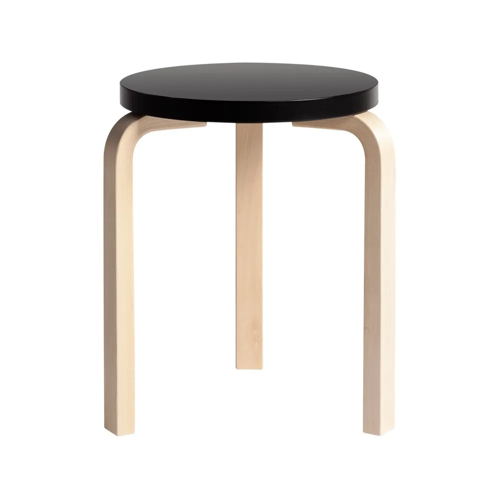 Stool 60 rund krakk 3 bein, Svart-Bjørk, Ø38x44 cm Artek