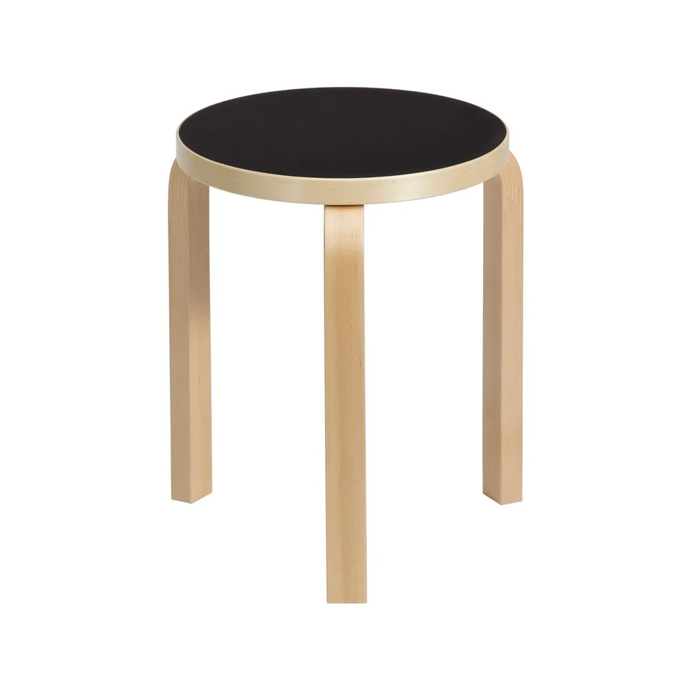 Stool 60 rund krakk 3 bein, Svart linoleum-Bjørk, Ø38x44 cm Artek