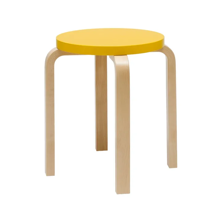 Stool E60 rund krakk 4 bein - Naturlakkert bjørk-Gul, Ø38x44 cm - Artek
