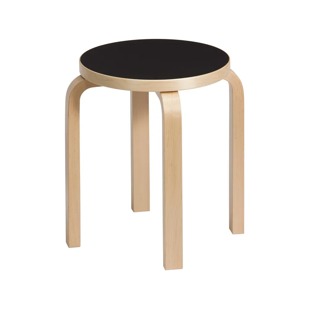 Stool E60 rund krakk 4 bein, Naturlakkert bjørk-Svart, Ø38x44 cm Artek