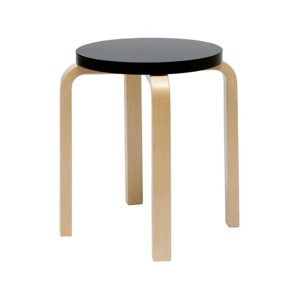 Stool E60 rund krakk 4 bein, Naturlakkert bjørk-Svart lakk, Ø38x44 cm Artek