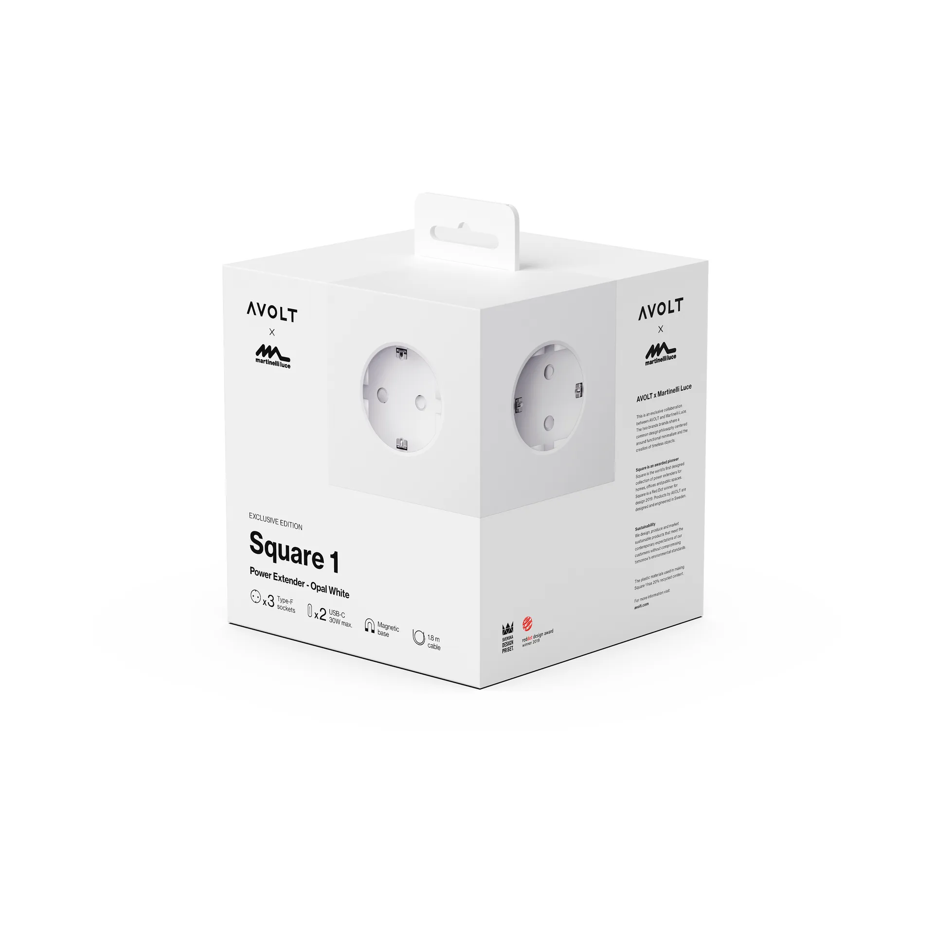 Square 1 grenuttak USB-C 30W 1,8 m, White Martinelli Luce edition Avolt