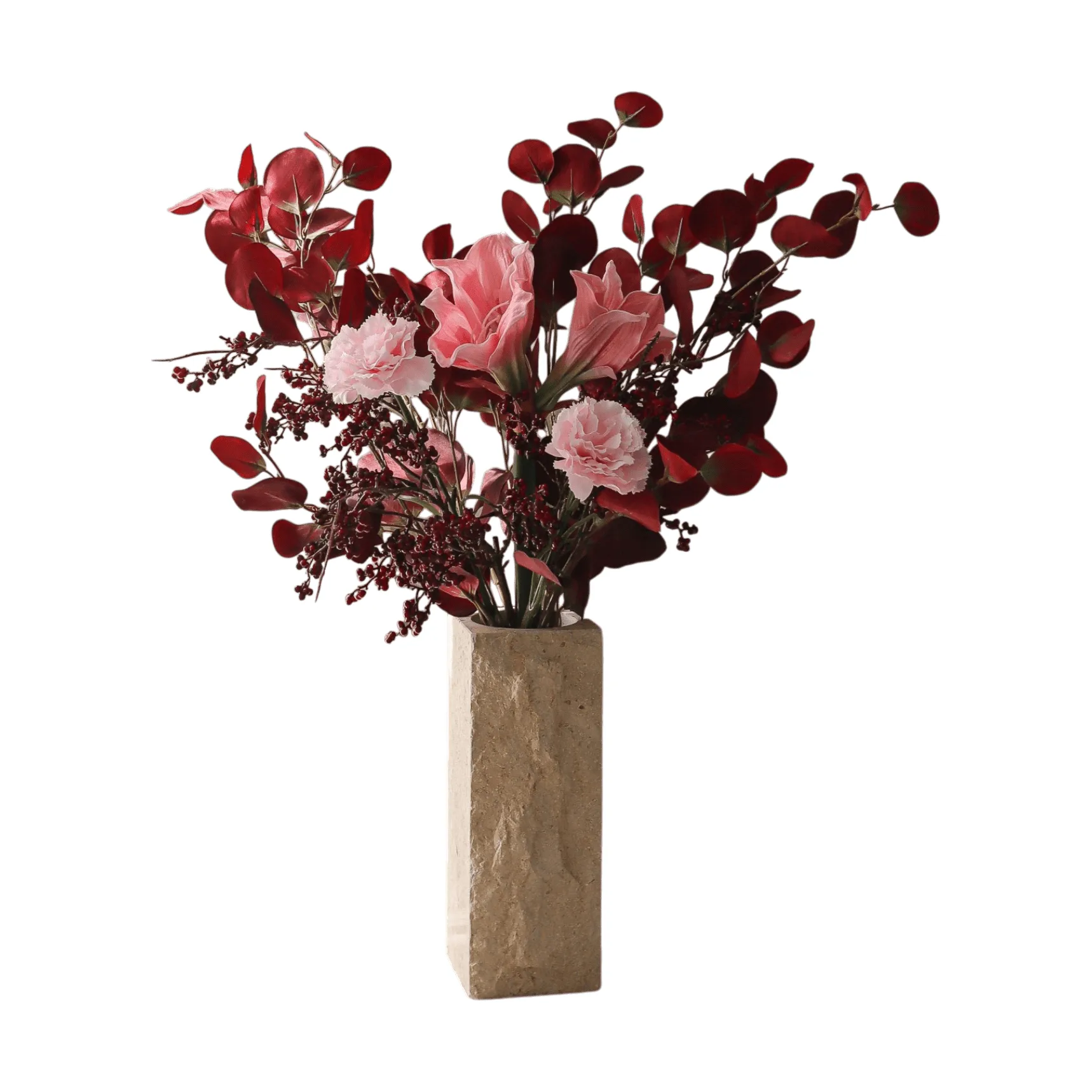 Burgundy blush kunstig bukett, Amaryllis, nellik, bærkvister, eukalyptus, 84 cm Botané