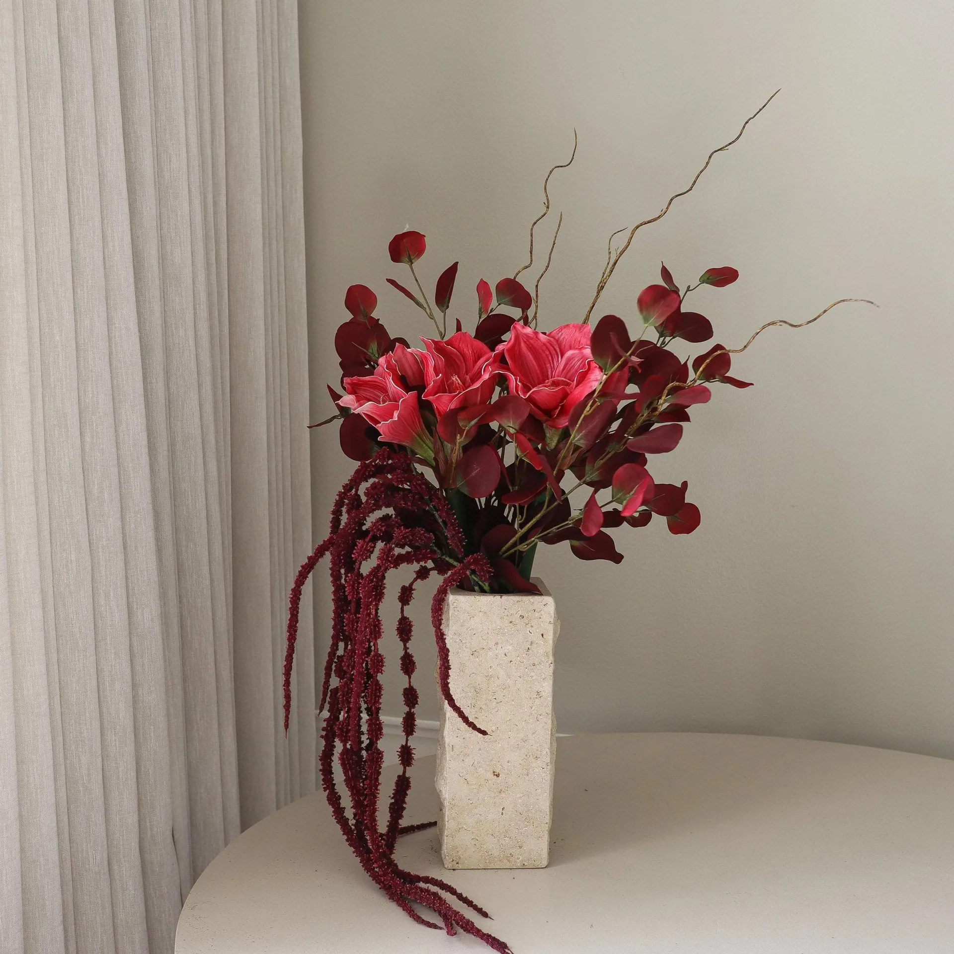 Deep bloom kunstig bukett, Amaryllis, eukalyptus, amarant, greiner, 120 cm Botané