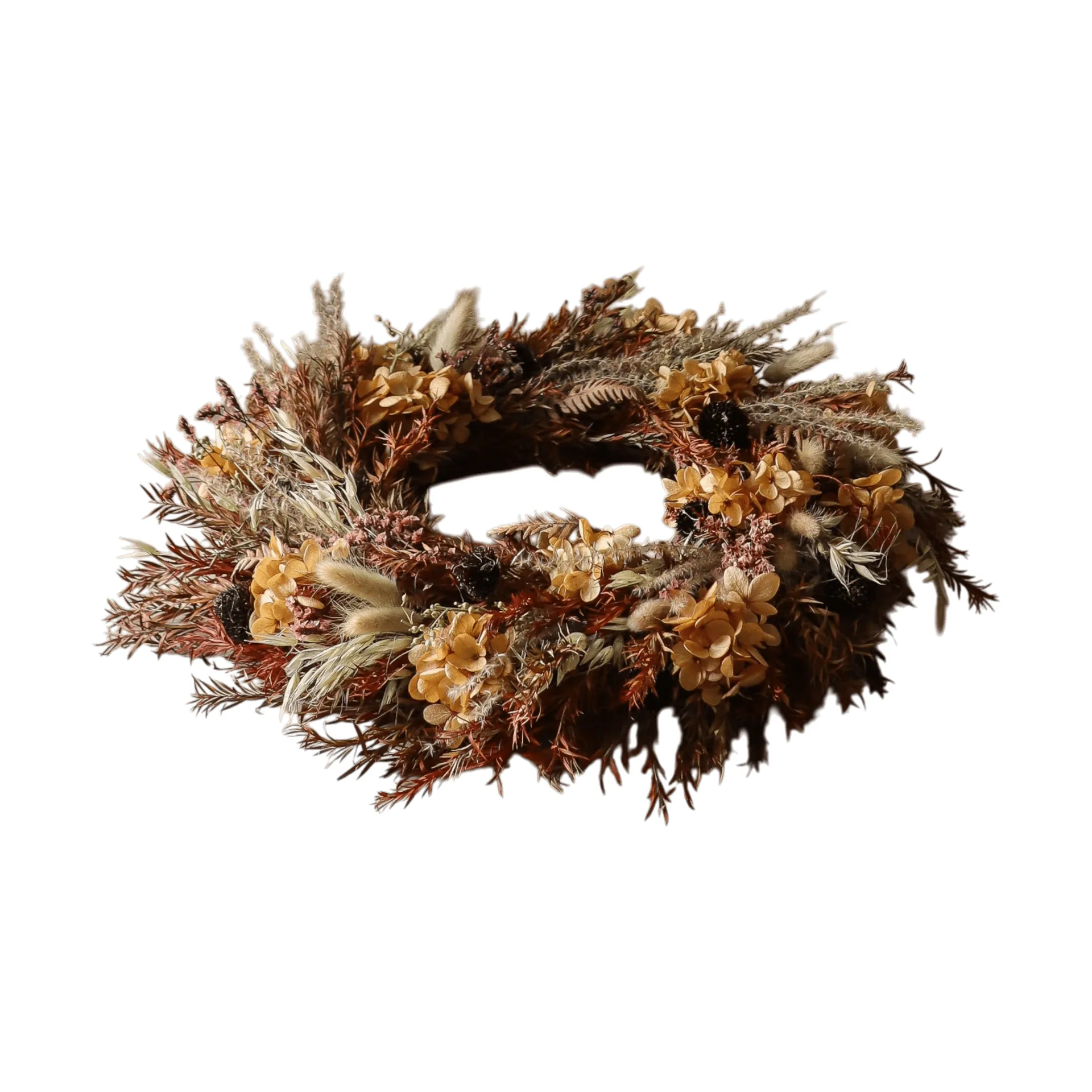 Golden Meadow Wreath blomsterkrans, Hortensia-tørket gress-bregne-hareører, Ø40 cm Botané