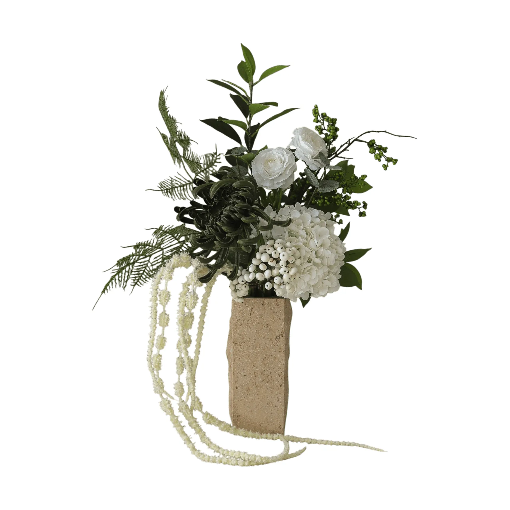 Green veil kunstig bukett, Ranunkel, hortensia, amarant, 85 cm Botané