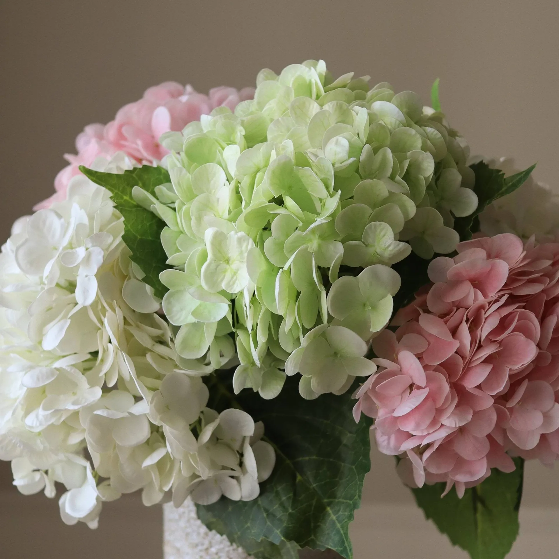 Hortensia kunstig bukett, Rosa-hvit-grønn, 7 stk. Botané