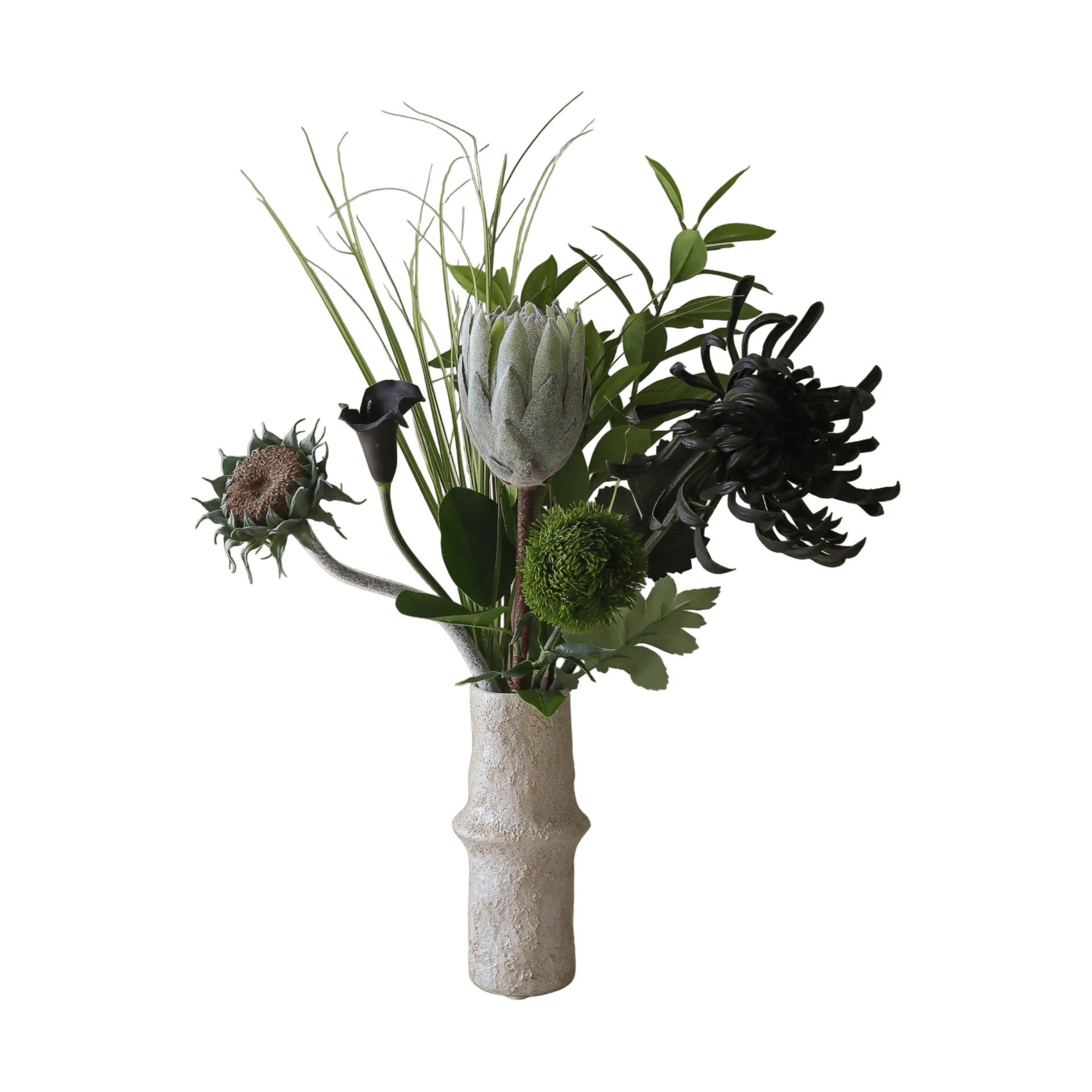 Midnight Wilderness kunstig bukett, Kongeprotea-krysantemum-kalla-nellik, 78 cm, 7 stk Botané
