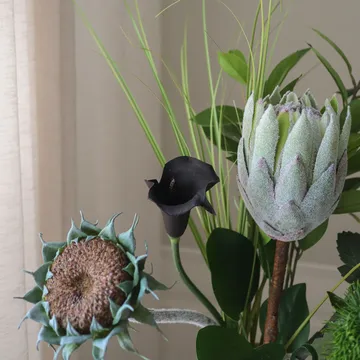 Midnight Wilderness kunstig bukett - Kongeprotea-krysantemum-kalla-nellik, 78 cm, 7 stk - Botané