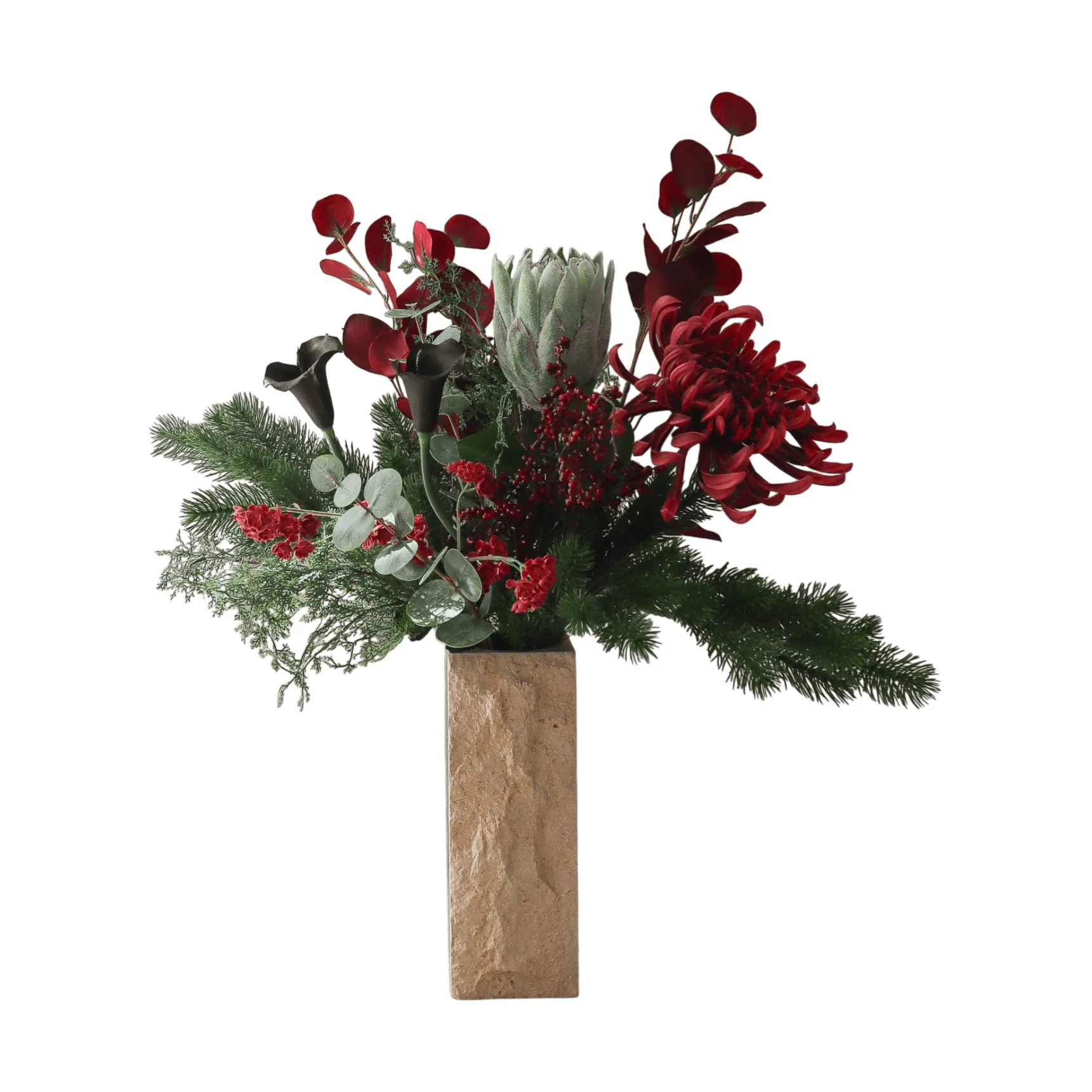 Wild winter kunstig bukett, Protea, edderkoppkrysantemum, kalla, eukalyptus, 84 cm Botané
