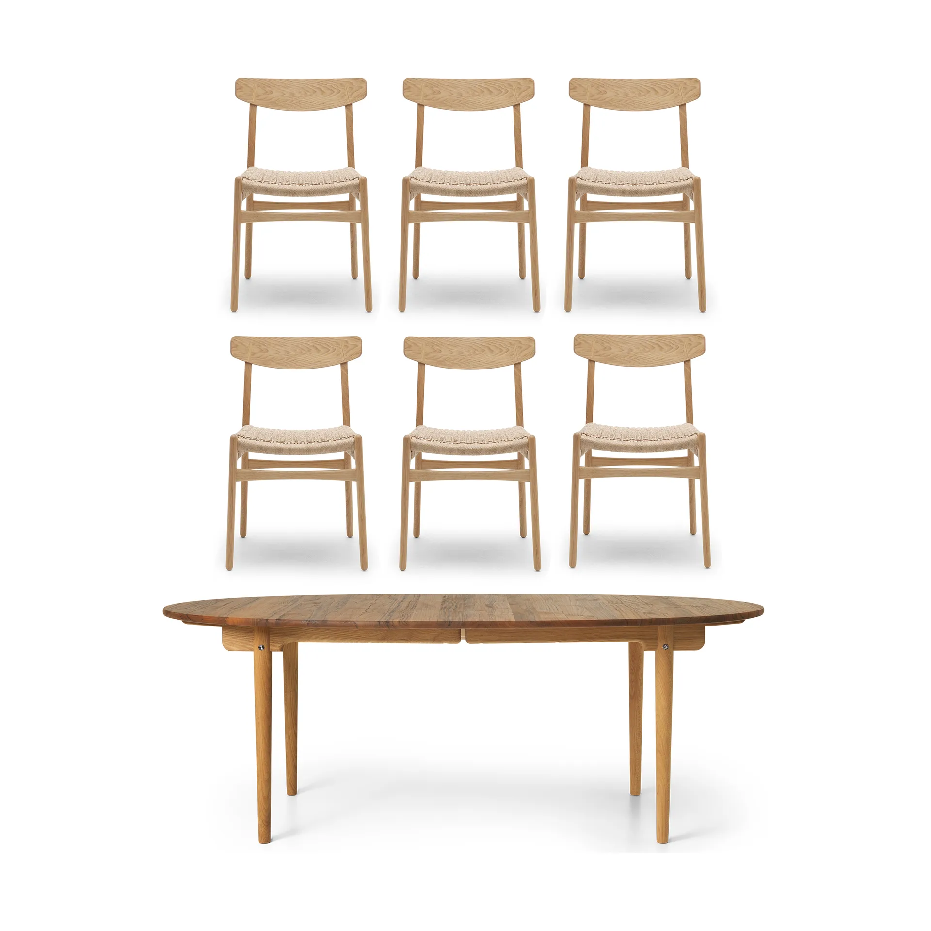 CH338 spisebord & ilegg + CH23 stol 6-pakning – Teak-eik Carl Hansen & Søn