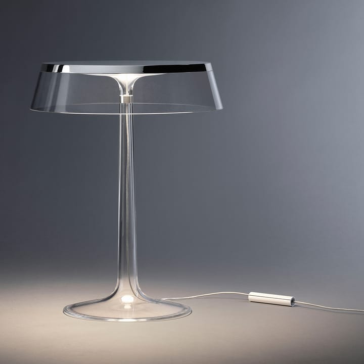 Bon Jour T bordlampe, Chrome-soft stoff skjerm Flos