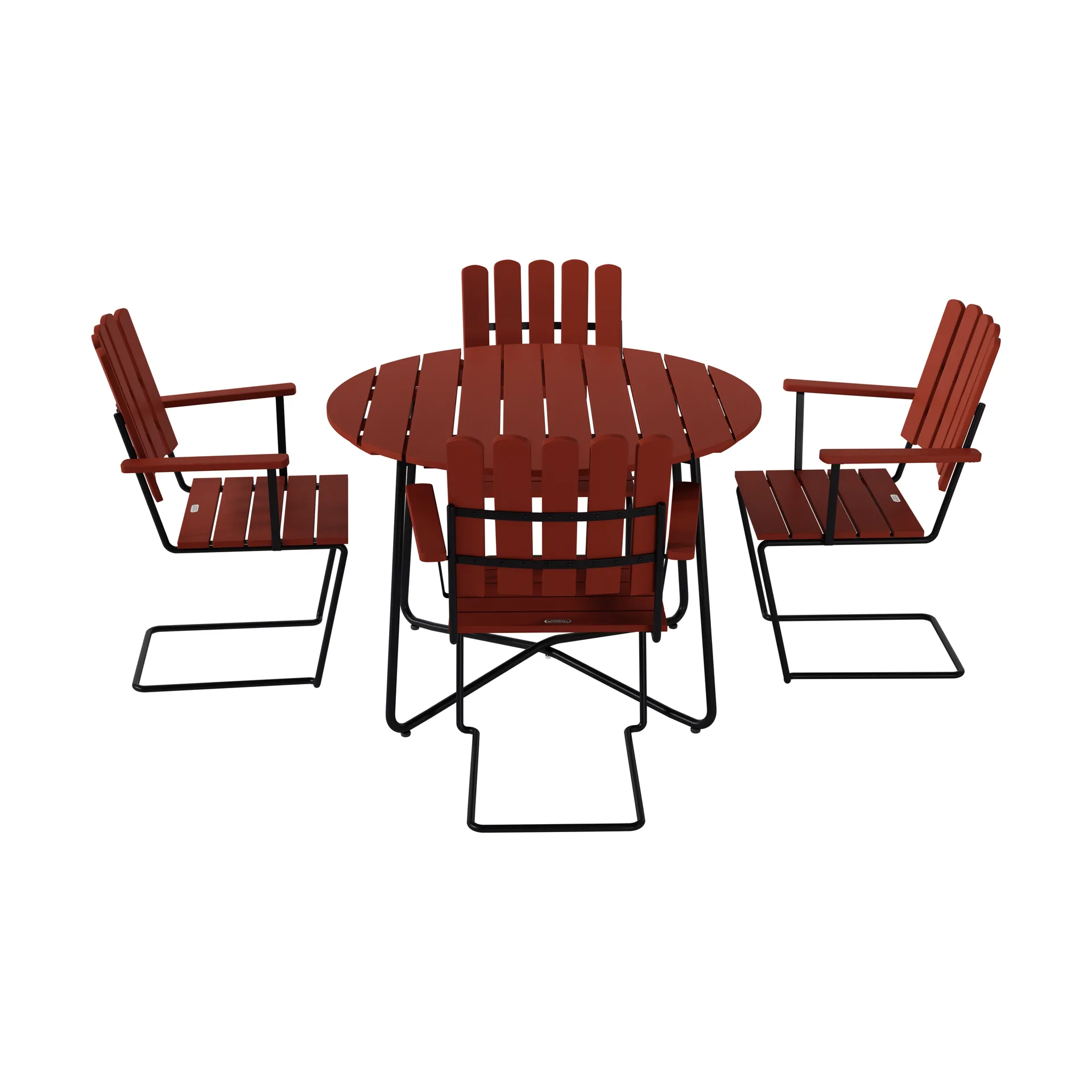 9A spisebord Ø100 cm + 4 A2 lenestol, mørkerød eik-svart stativ Grythyttan Stålmöbler