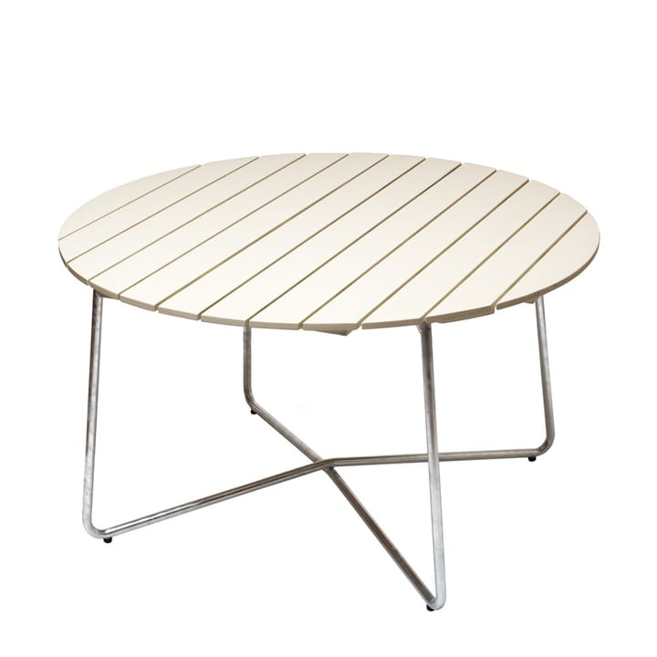 9A spisebord - Hvitlakkert eik-varmgalvanisert stativ ø120 cm - Grythyttan Stålmöbler