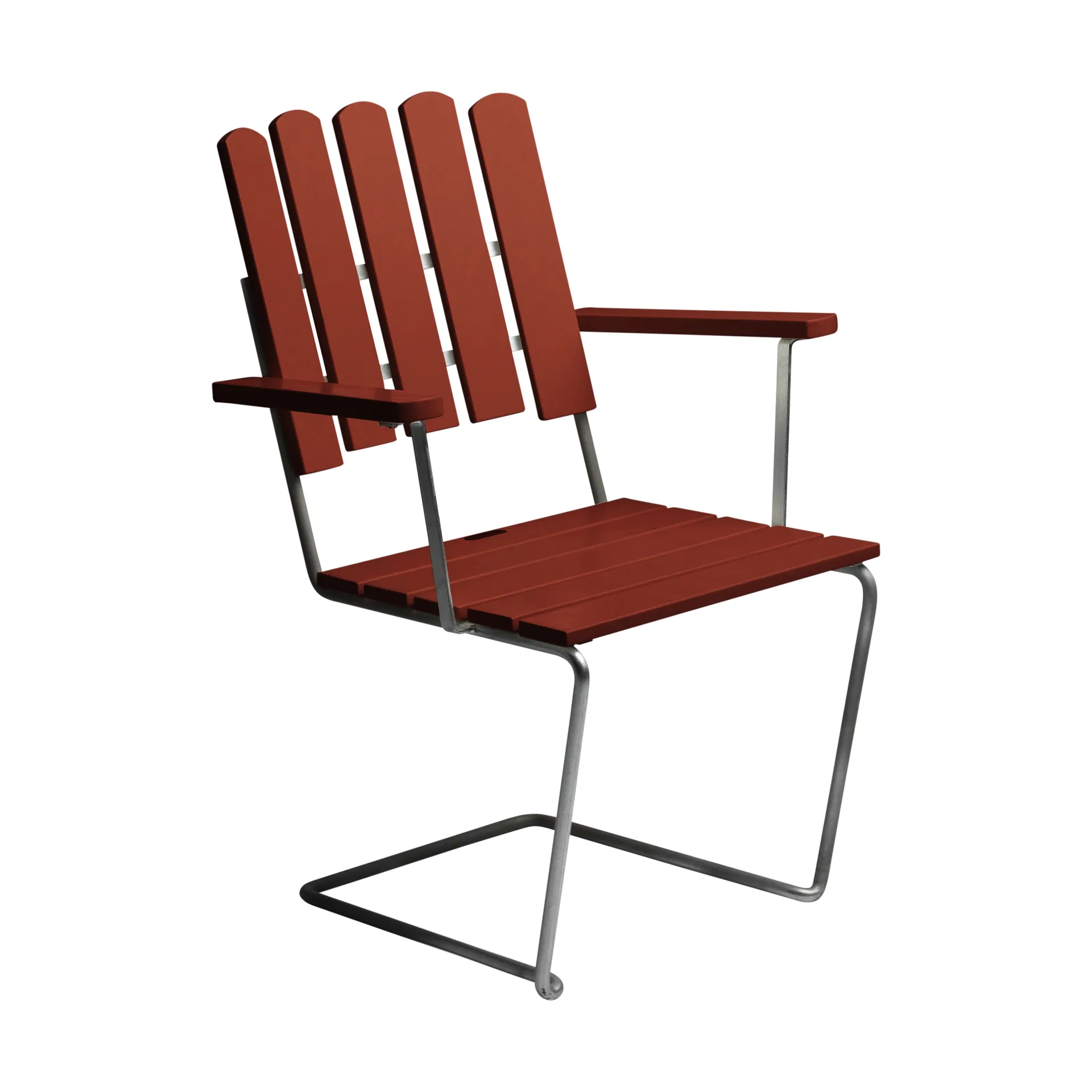 A2 lenestol, Mørkerød lakkert eik-varmgalvanisert stativ Grythyttan Stålmöbler