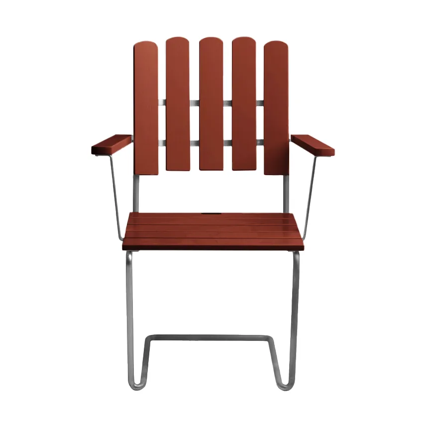 A2 lenestol, Mørkerød lakkert eik-varmgalvanisert stativ Grythyttan Stålmöbler