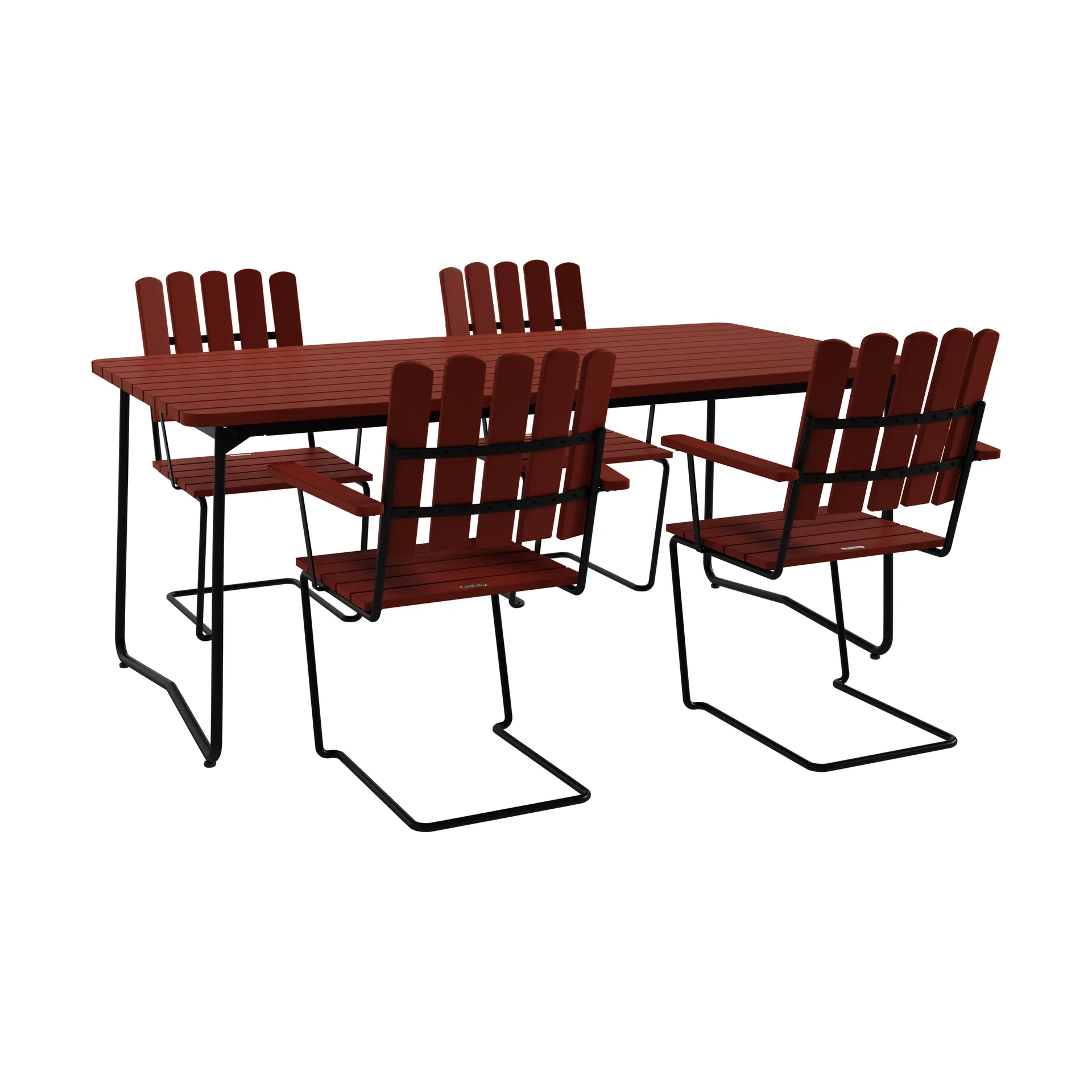B31 bord 170 cm + 4 A2 lenestol, mørkerødt eik-svart stativ,  Grythyttan Stålmöbler
