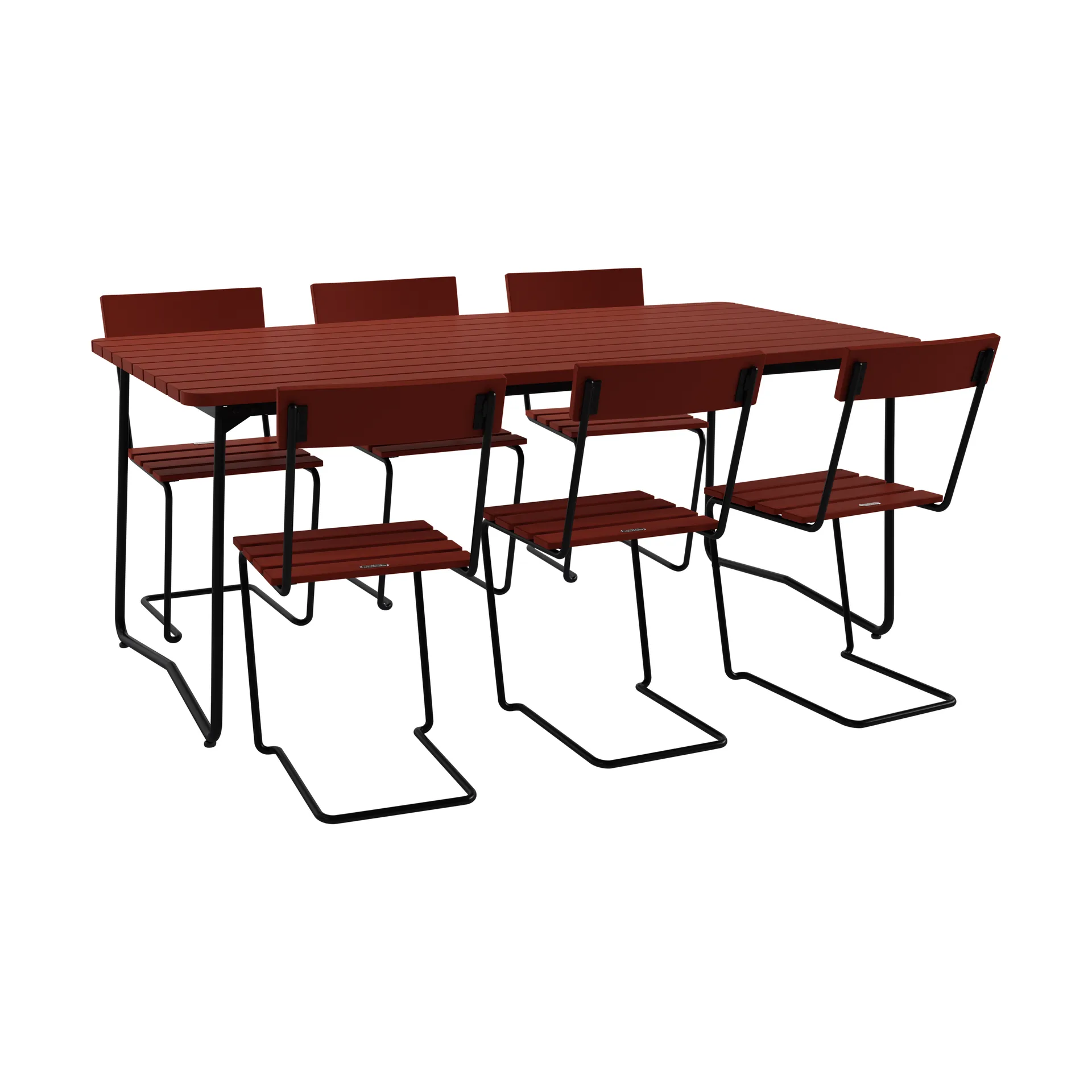 B31 bord 170 cm + 6 Stol 1, mørkerød eik-svart stativ,  Grythyttan Stålmöbler