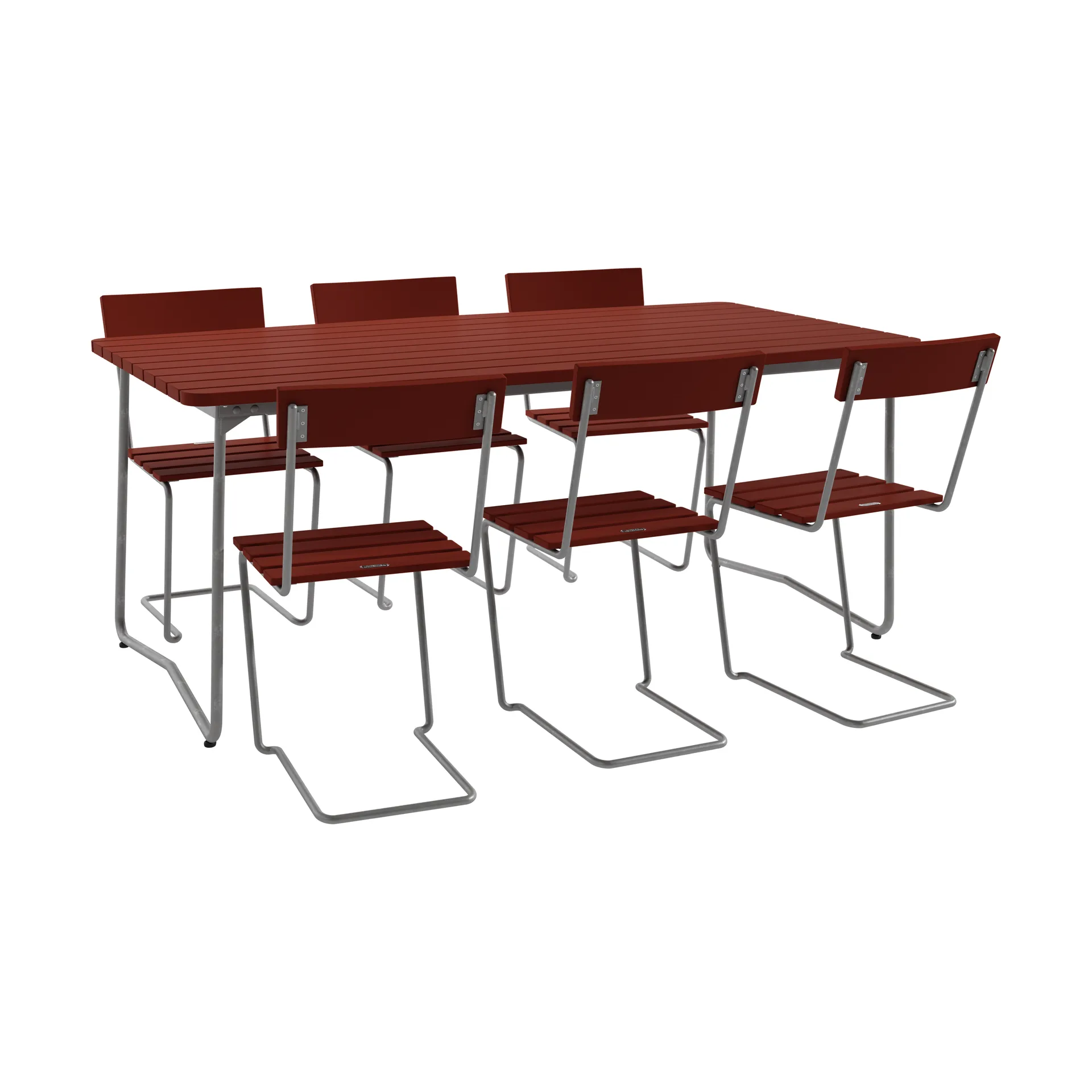 B31 bord 170 cm + 6 Stol 1, mørkerød-varmgalvanisert stativ,  Grythyttan Stålmöbler