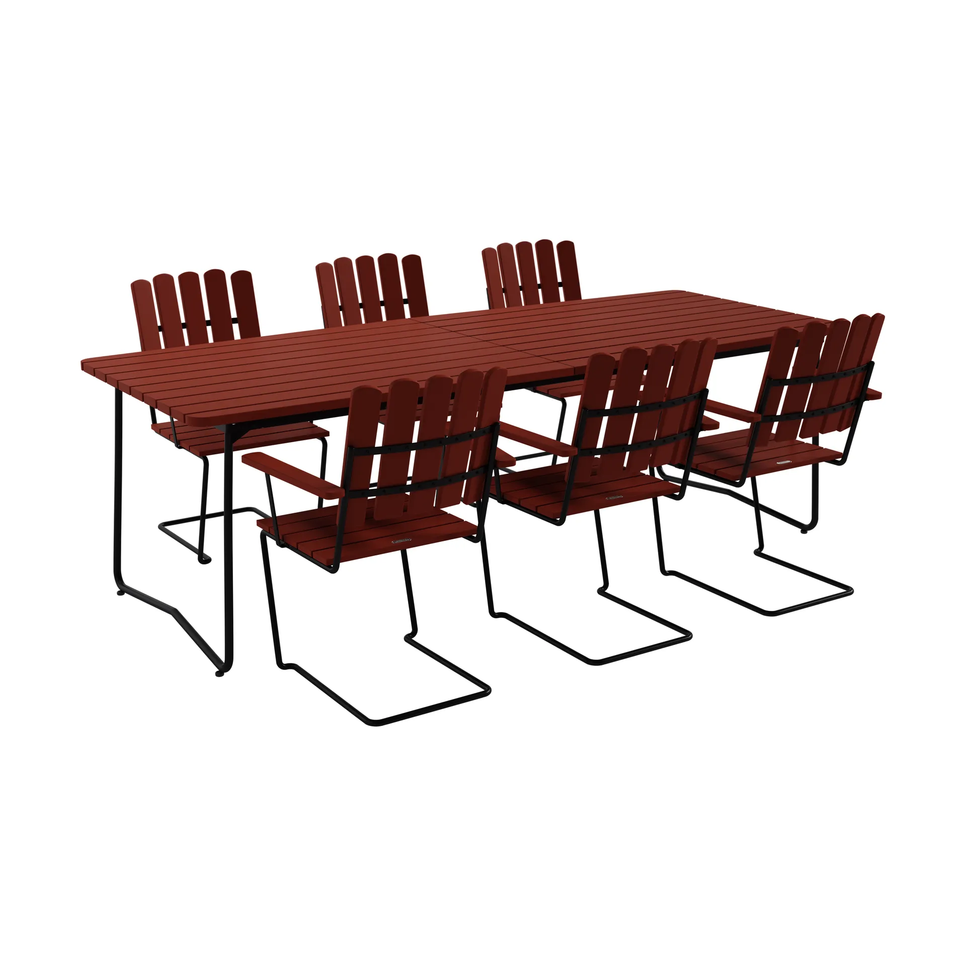 B31 bord 230 cm + 6 A2 lenestol, mørkerød eik-svart stativ,  Grythyttan Stålmöbler