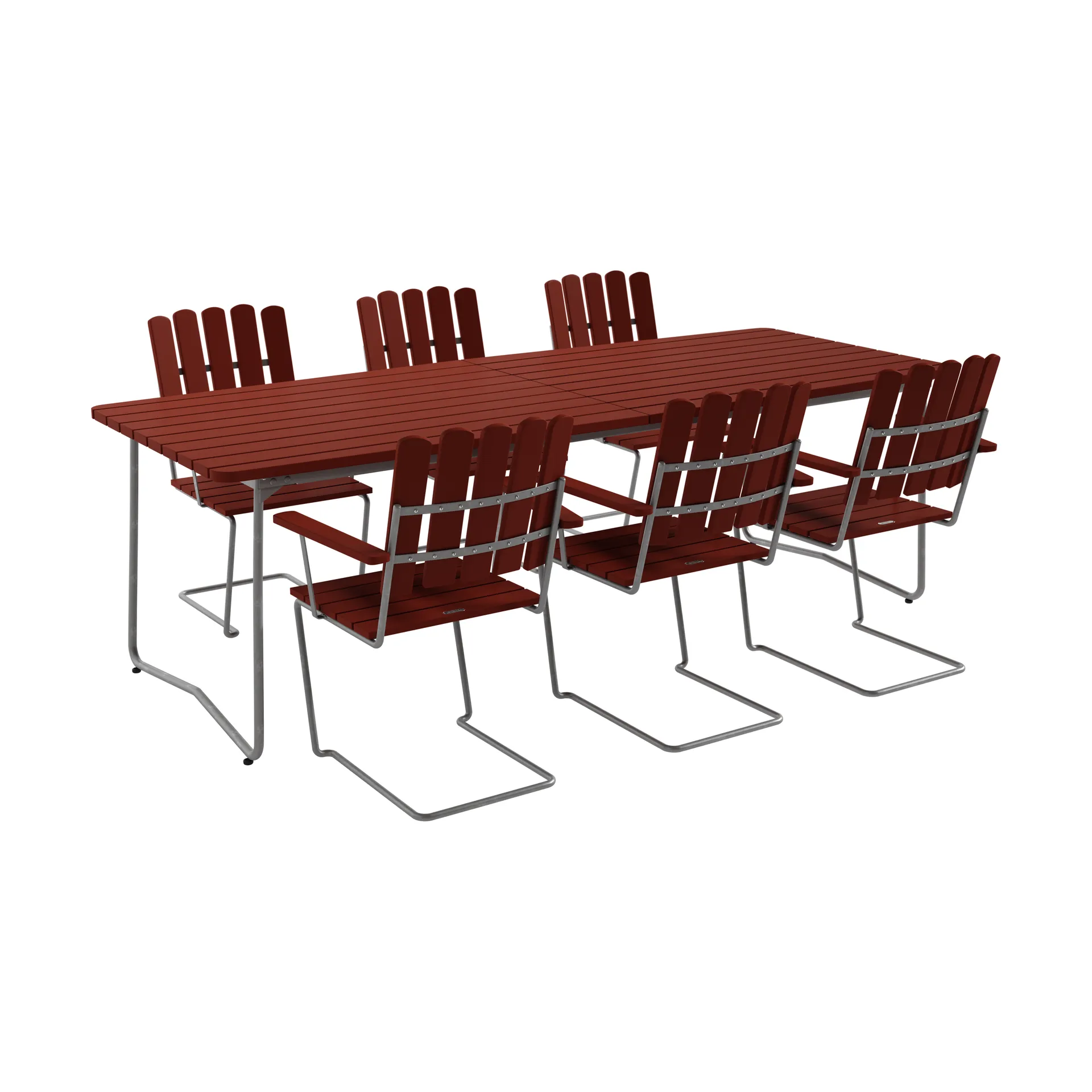 B31 bord 230 cm + 6 A2 lenestol, mørkerød-varmgalvanisert stativ,  Grythyttan Stålmöbler