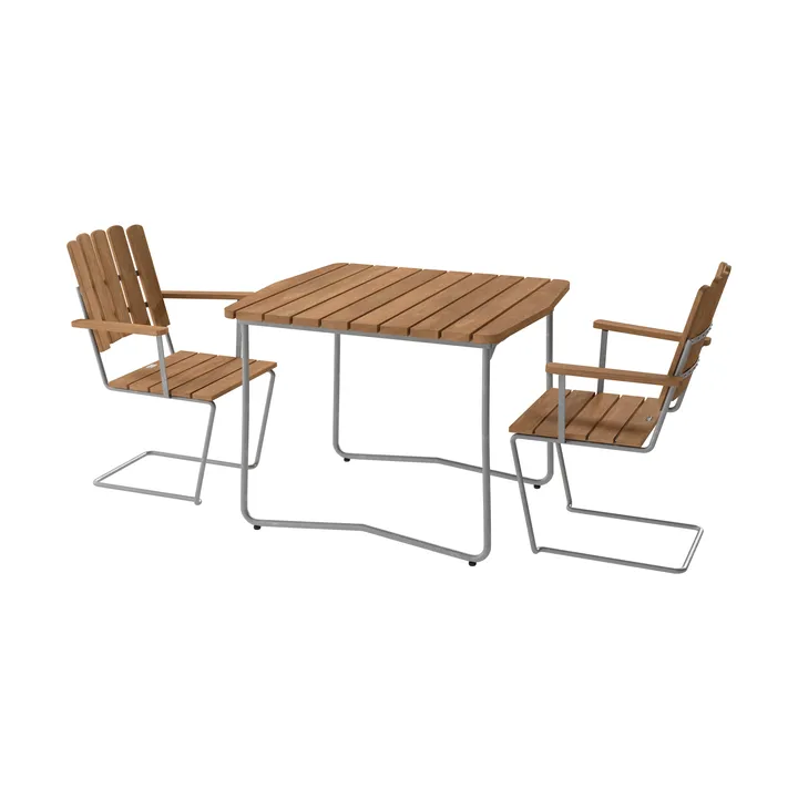 B31 bord 92 cm + 2 A2 lenestol, teak-varmgalvanisert stativ - Grythyttan Stålmöbler