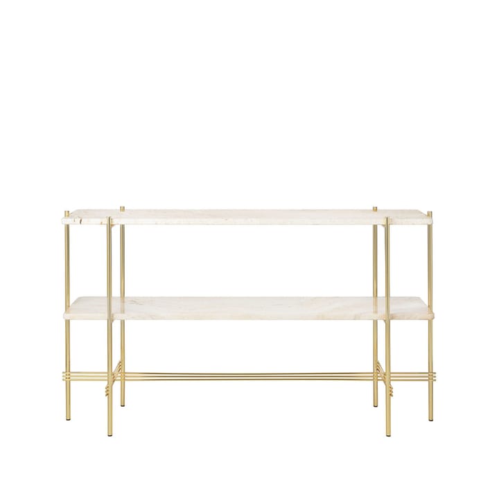 TS Console avlastningsbord 120 x 30 x 72 cm - natural white travertine, messingstativ, 2 marmorhyller - GUBI