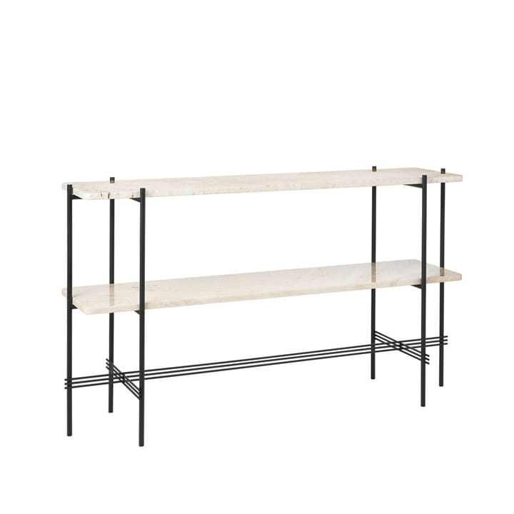 TS Console avlastningsbord 120 x 30 x 72 cm, natural white travertine, sort stativ, 2 marmorhyller GUBI