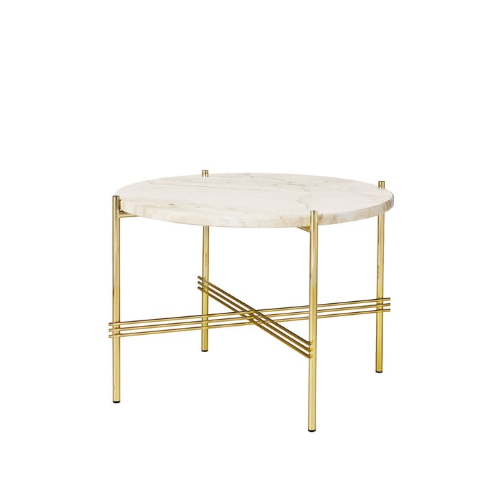 TS Round sidebord - natural white travertine, Ø 55 cm, messingstativ - GUBI