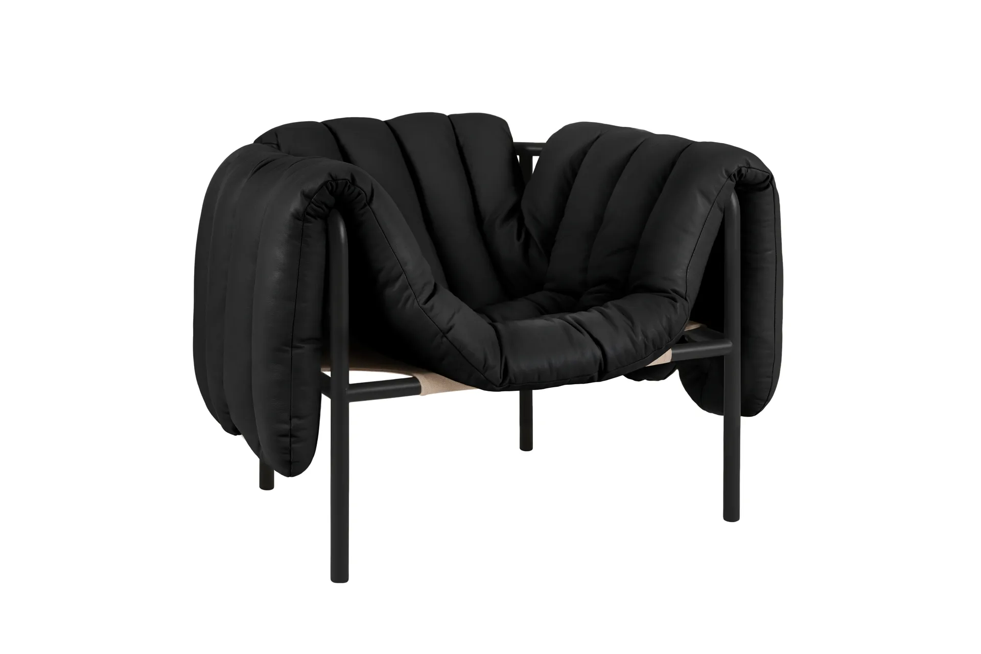 Puffy loungelenestol, Black leather-black grey Hem