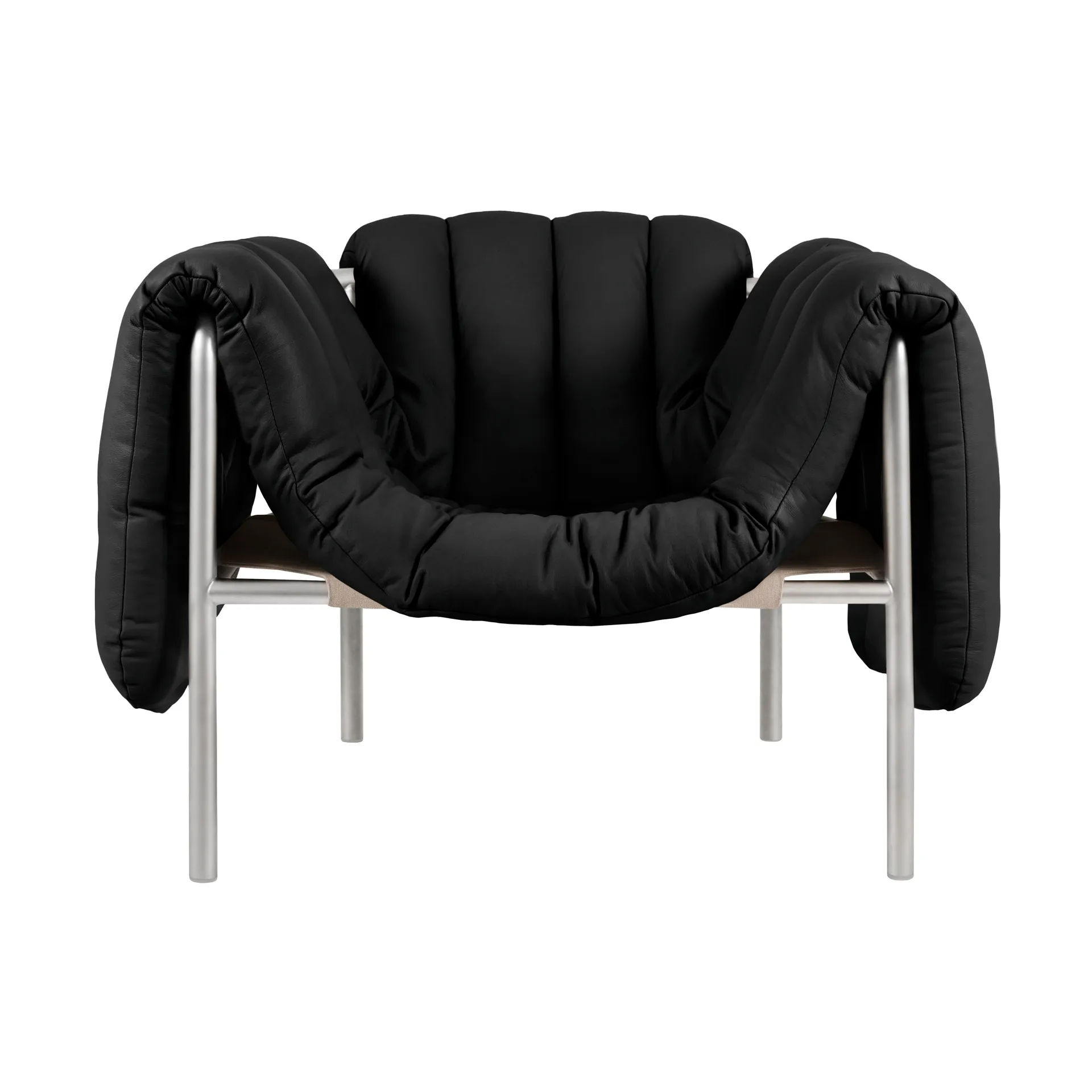 Puffy loungelenestol, Black leather-rustfritt stål Hem