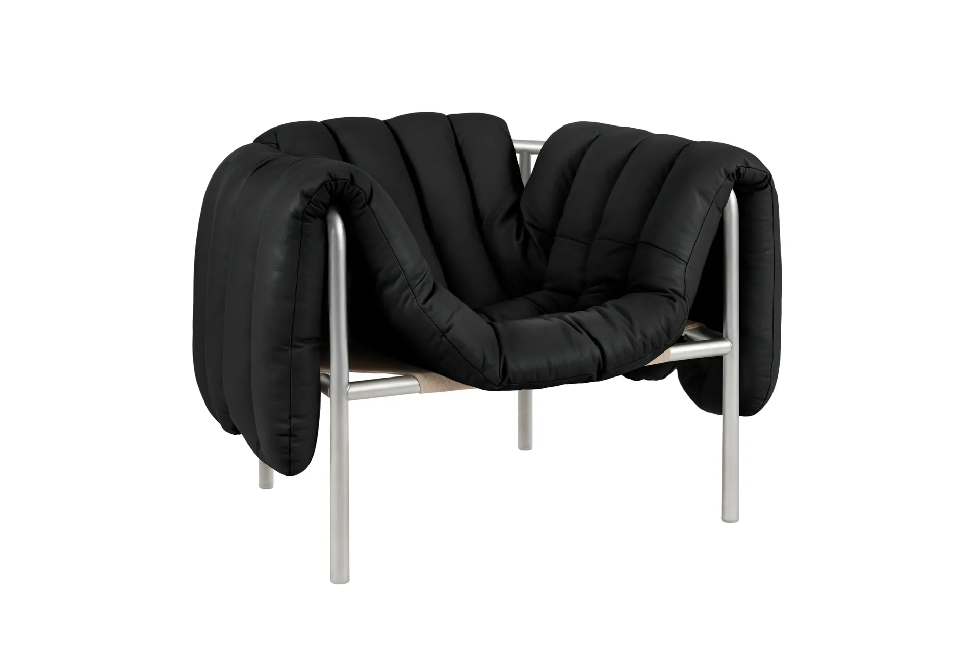 Puffy loungelenestol, Black leather-rustfritt stål Hem