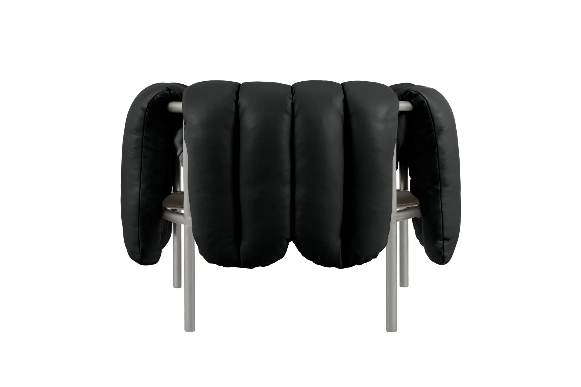 Puffy loungelenestol, Black leather-rustfritt stål Hem