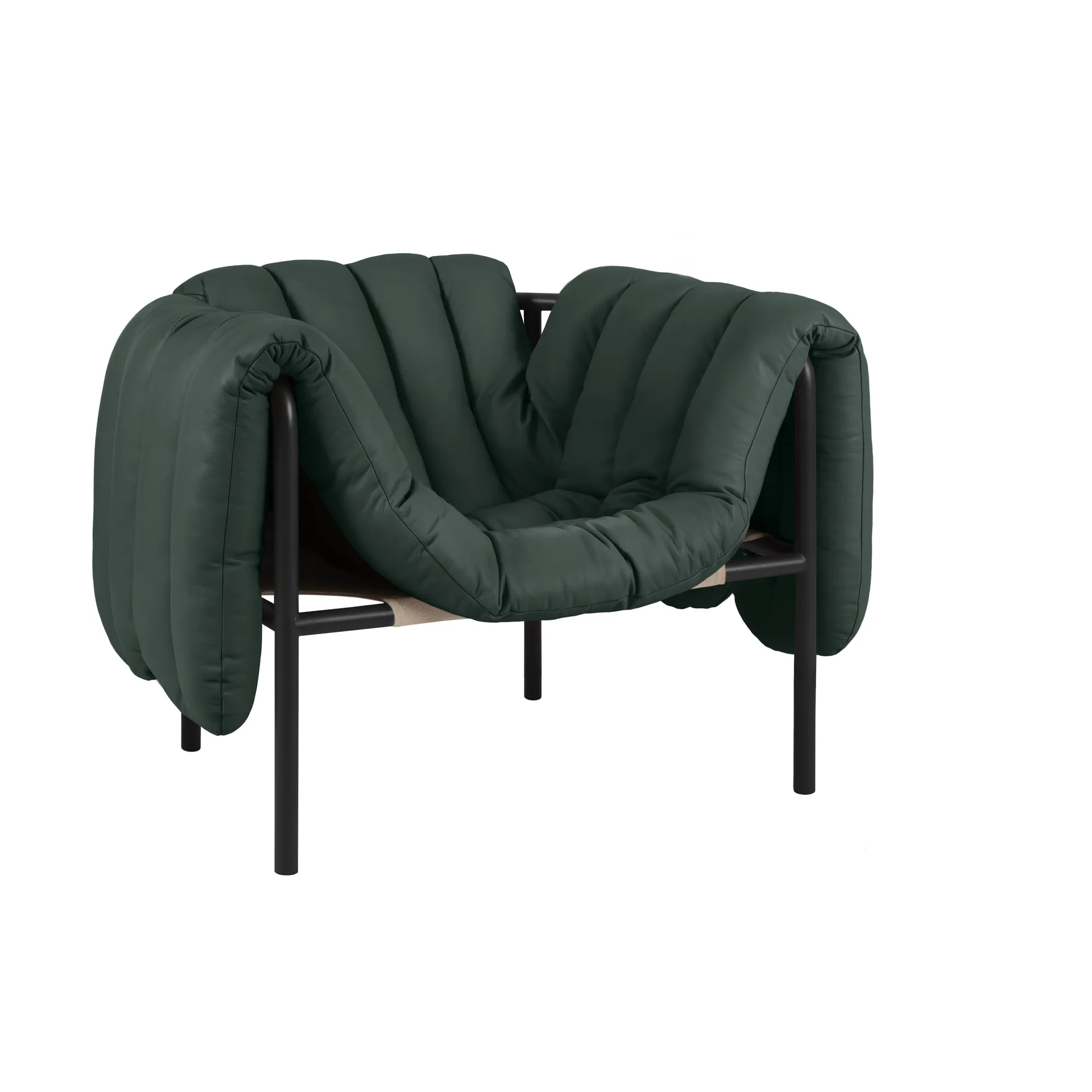 Puffy loungelenestol, Dark green leather-black grey Hem
