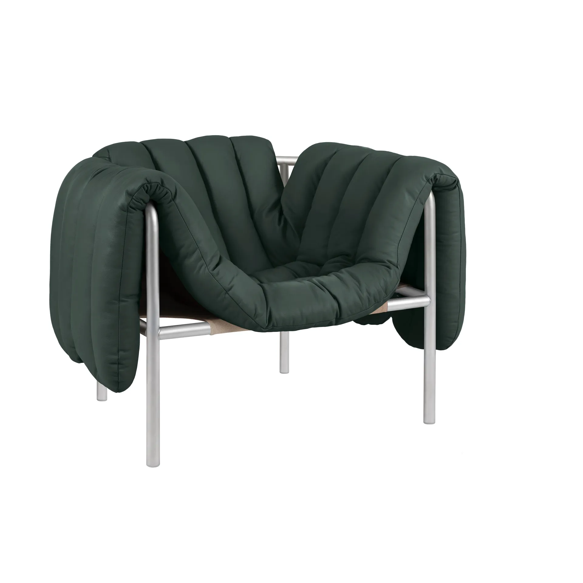 Puffy loungelenestol, Dark green leather-rustfritt stål Hem