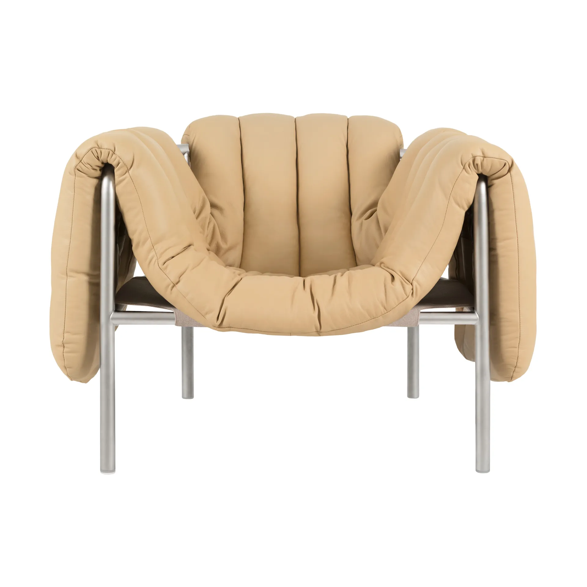 Puffy loungelenestol, Sand leather-rustfritt stål Hem