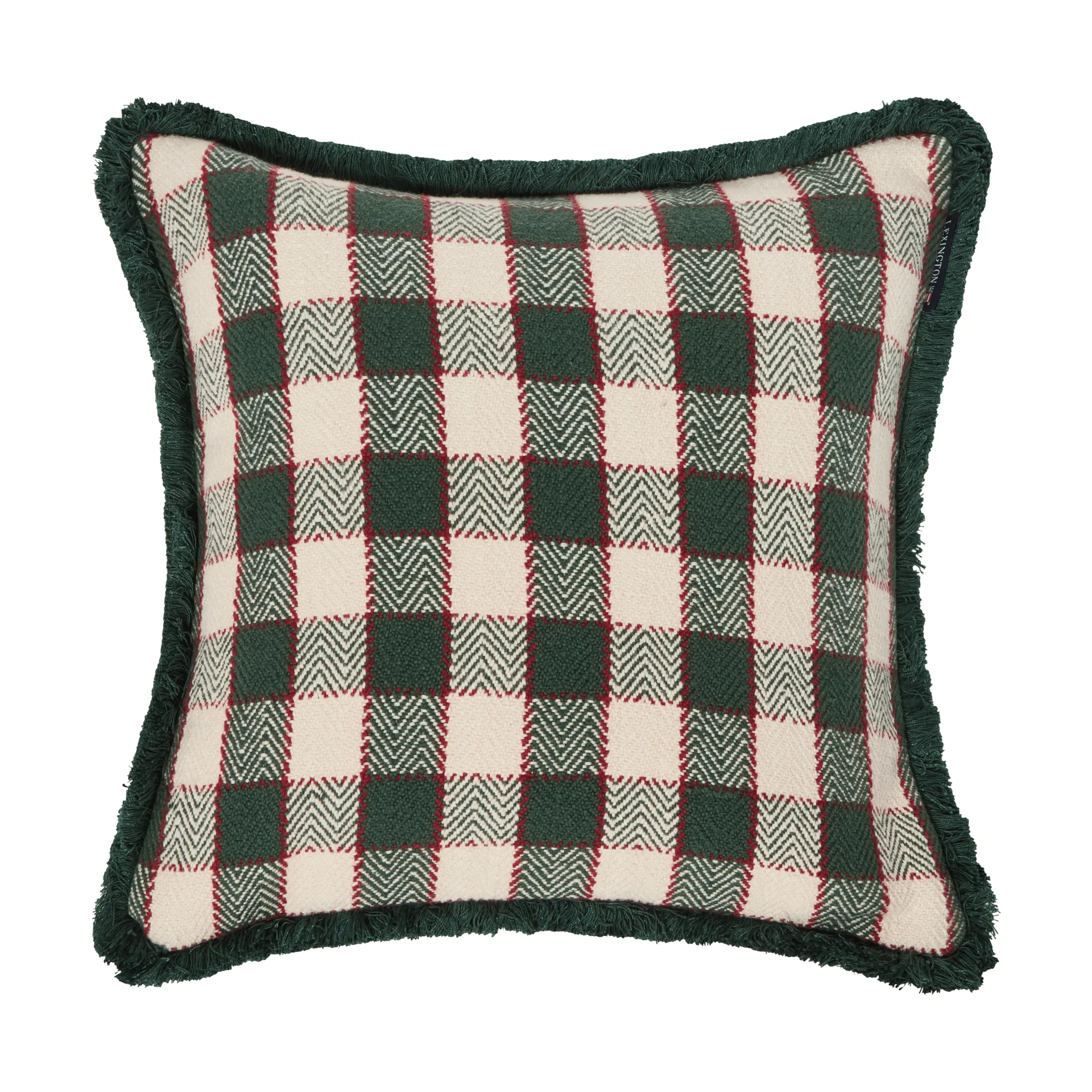 Checked organic cotton fringe putetrekk, Green-light beige-red Lexington