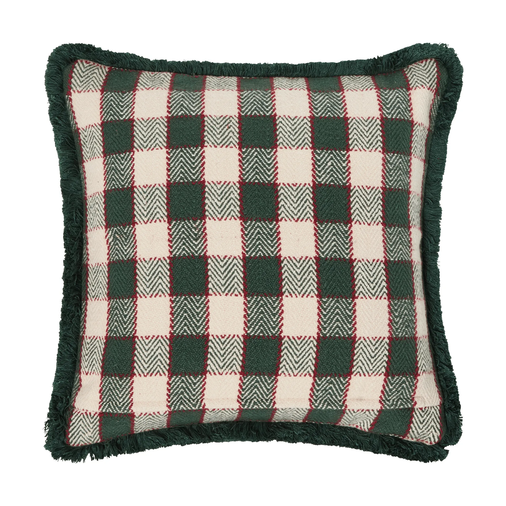 Checked organic cotton fringe putetrekk, Green-light beige-red Lexington