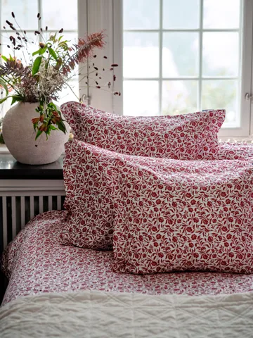 Flower Printed Cotton Sateen sengesett - Hvit-rød - Lexington