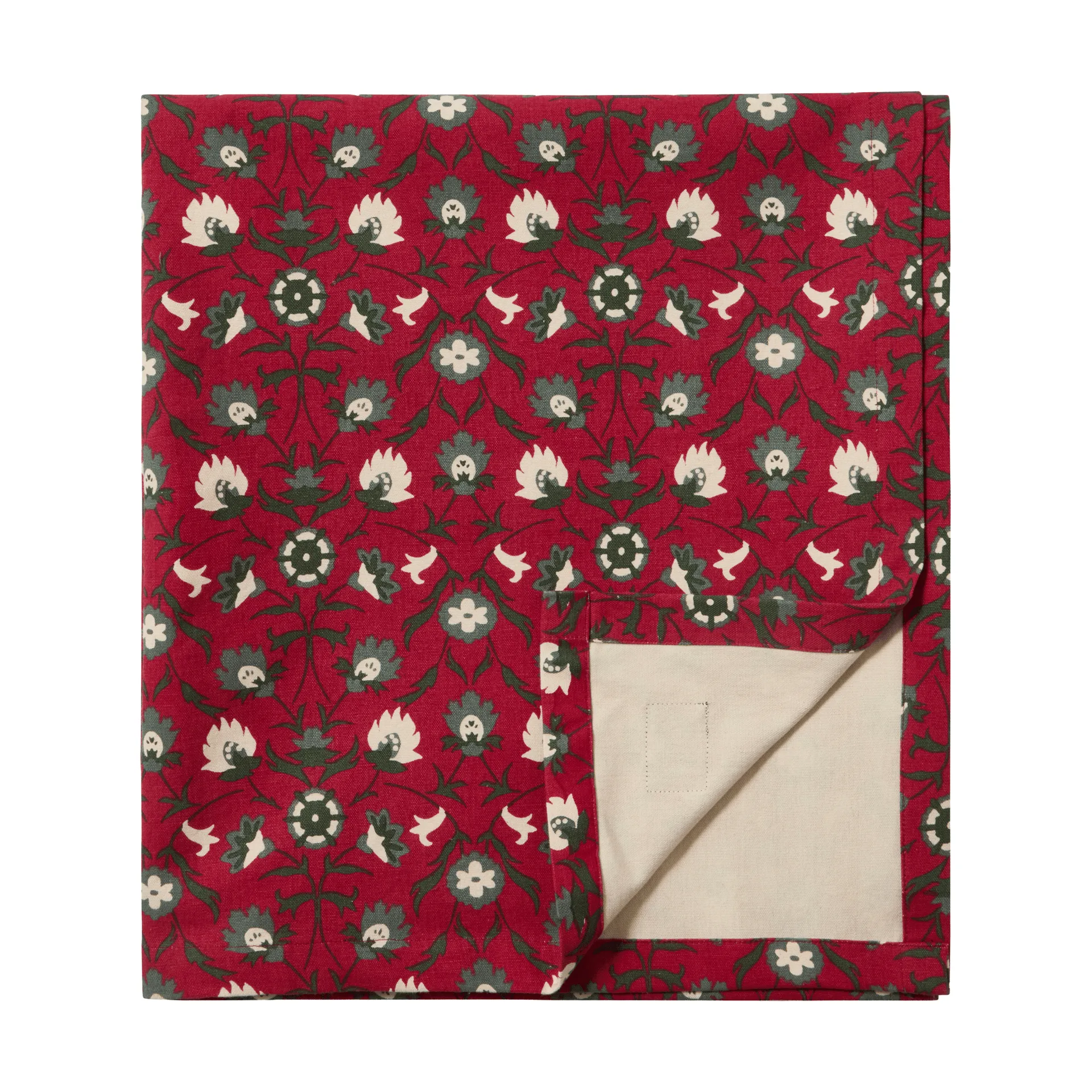 Flower printed økologisk bomullsduk, Red-beige-green, 150x250 cm Lexington