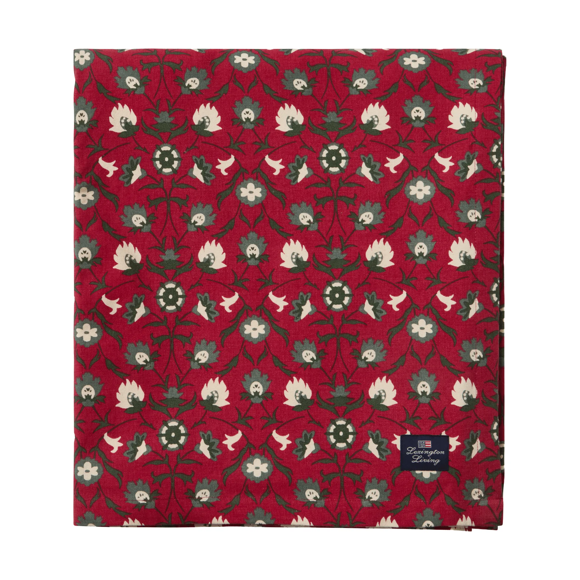 Flower printed økologisk bomullsduk, Red-beige-green, 150x350 cm Lexington