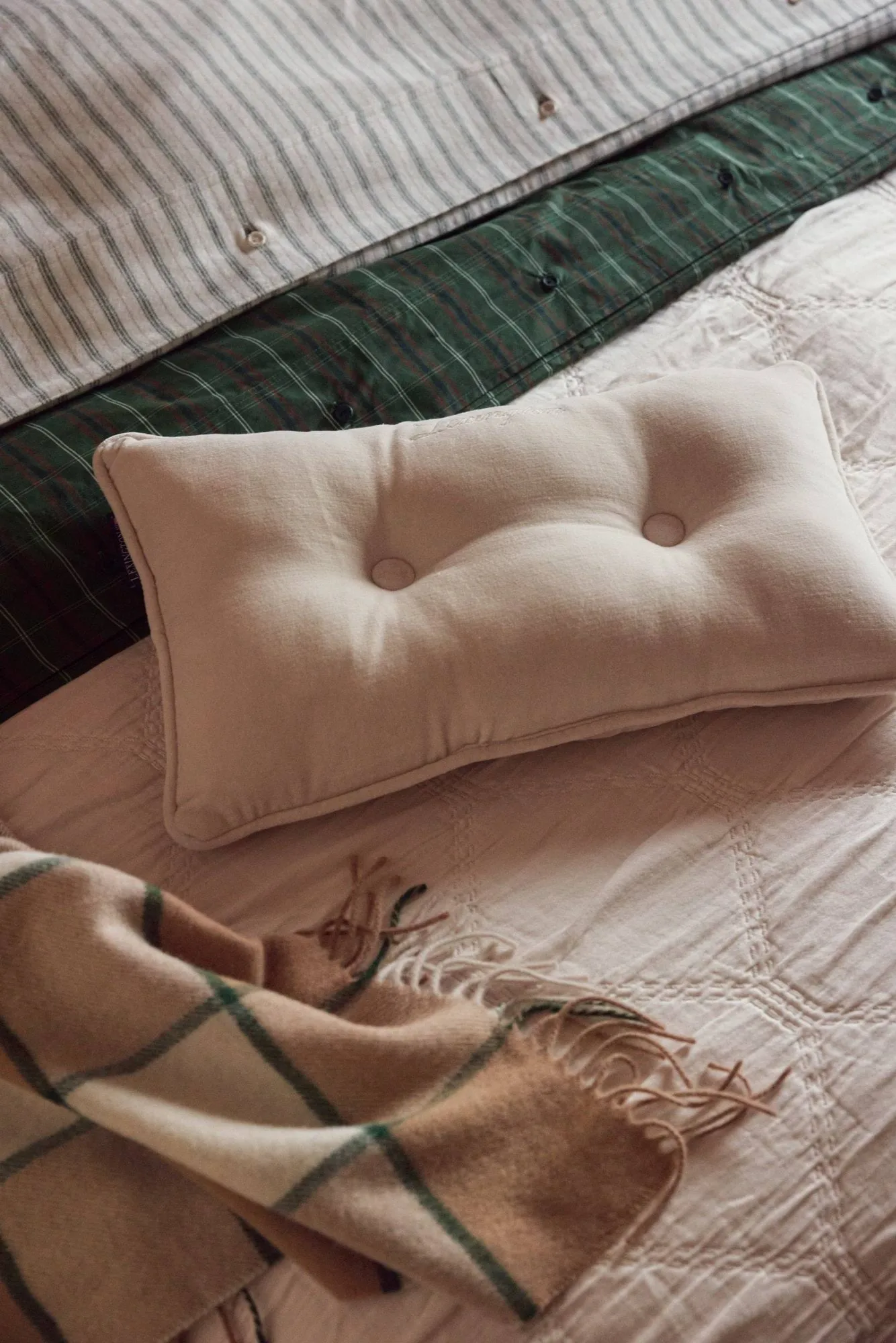 Stripe cotton flannel sengesett, White-green-beige, 50x60 cm/150x210 cm Lexington