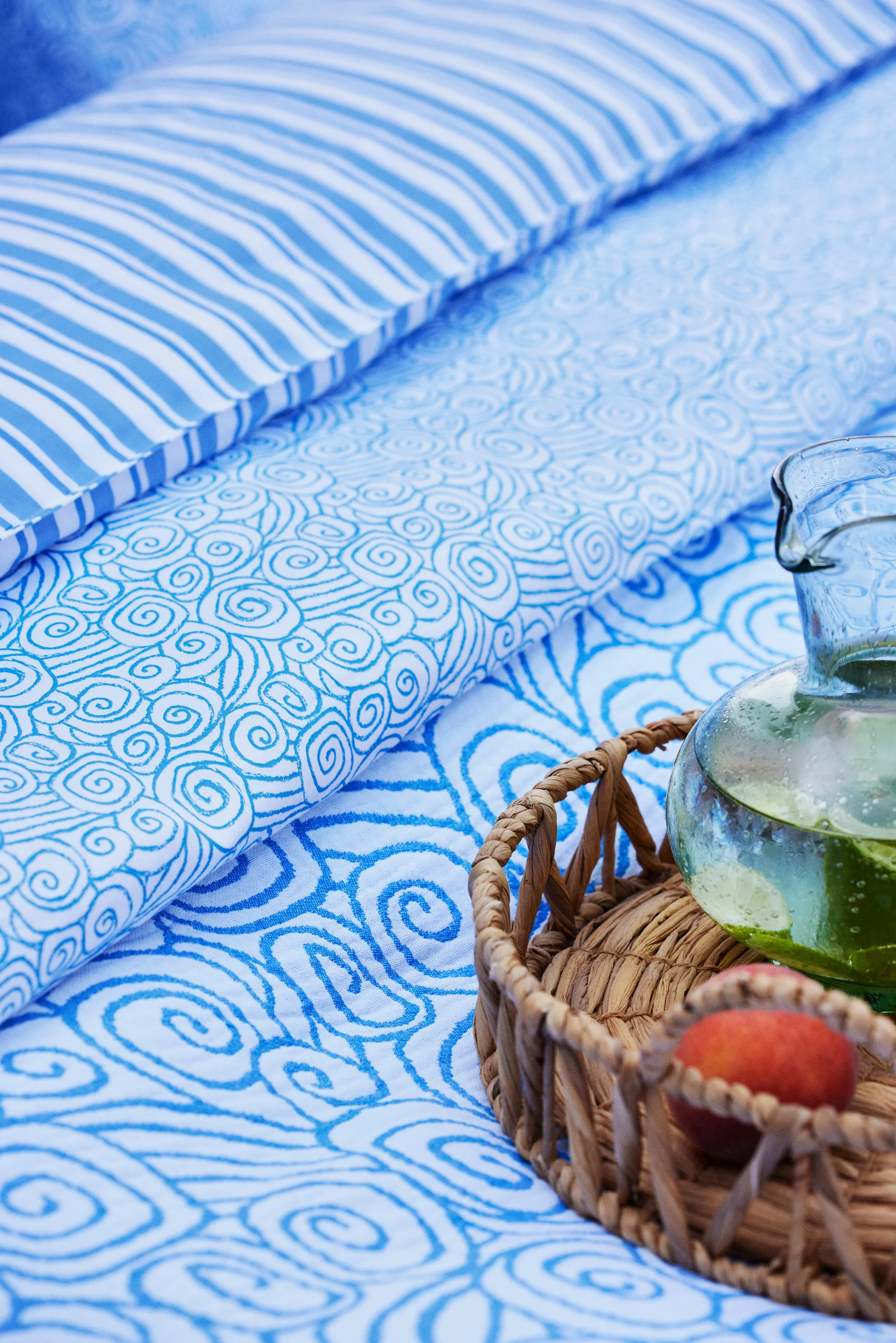 Wave Printed Cotton Sateen sengetøy-sett, White-blue, 1 putetrekk Lexington