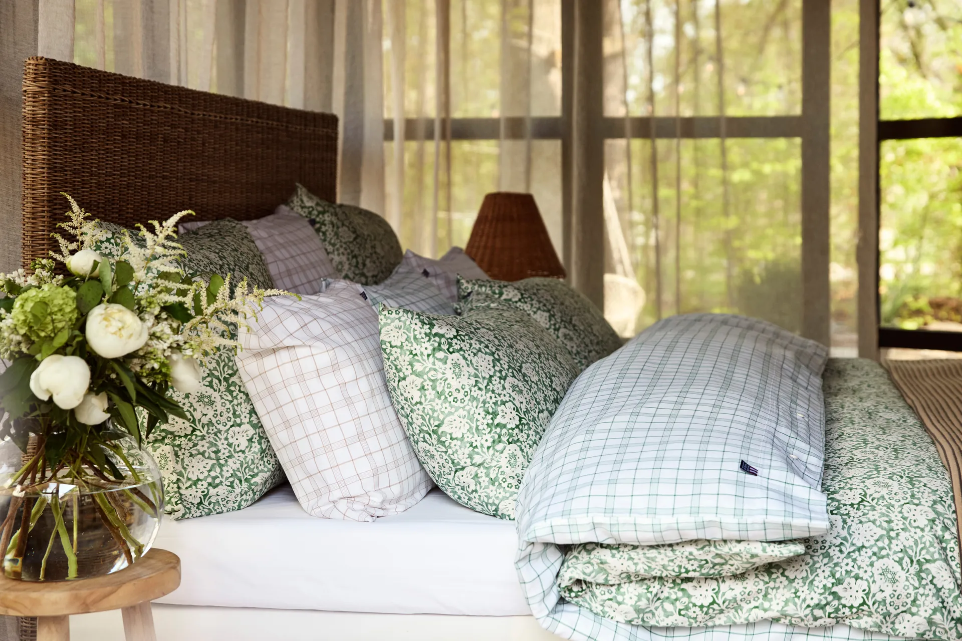 White/Green Checked Lyocell/Cotton sengesett, 50x60 cm, 220x220 cm Lexington