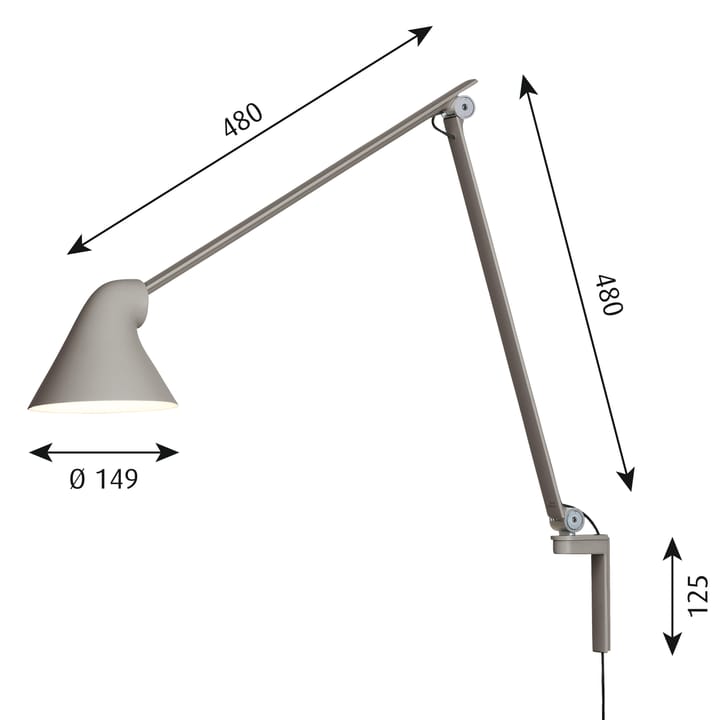 NJP vegglampe lang arm, Lysegrå Louis Poulsen