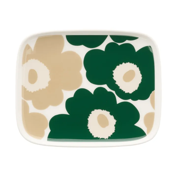 Unikko tallerken 12x15 cm - White-mørkegrønn-beige-lys sand - Marimekko