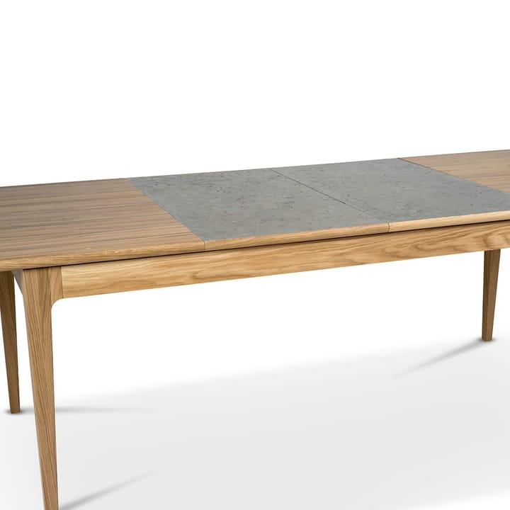 Höllviken spisebord, Eik hvitpigmentert mattlakk-1 ilegg-beige mdf á 50 cm Mavis